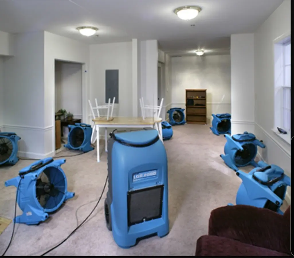 Air movers and dehumidifier setup for Water Extraction & Removal in Calverton